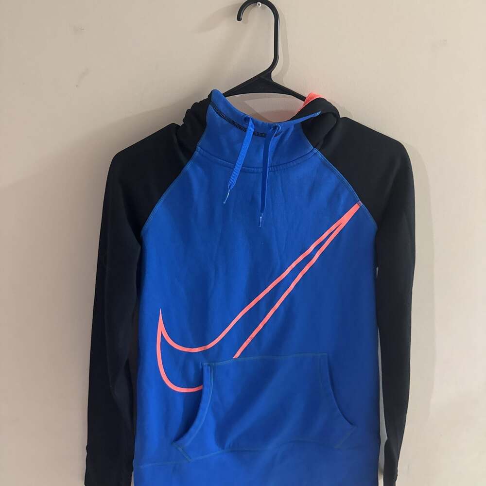 Nike Therma-FIT Blue & Black Pullover Hoodie with Orange Swoosh, Girls' S - Picture 2 of 5